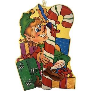 Vintage Plastic Elf Presents Candy Cane Window Hanger, Large, Christmas, GUC